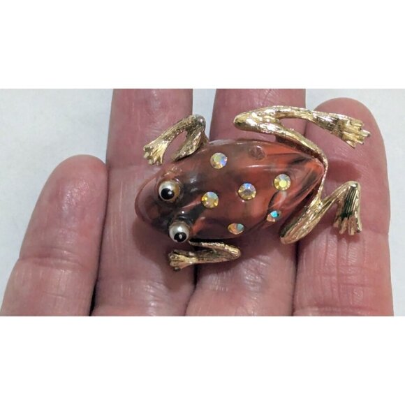 Vintage Frog Brooch With Rhinestone Accents & Gold-Tone Legs - Picture 7 of 8